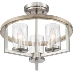 Possini Euro Design Senna Modern Industrial Ceiling Light Semi Flush Mount Fixture 15" Wide Brushed Nickel Gray Wood 3-Light Clear Glass For Bedroom -Home Decoration Sale GUEST 08a6d6bd 0bbb 4c6e a704 3432667d795f