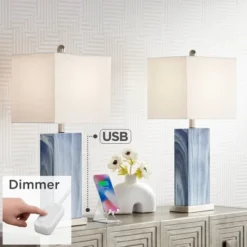 360 Lighting Connie Modern Table Lamps 25" High Set Of 2 Blue Faux Marble With USB Charging Port Table Top Dimmers White Shade For Bedroom Office Desk