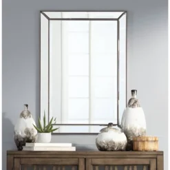 Uttermost Roseau Rectangular Vanity Wall Mirror Modern Beveled Silver Pewter Beaded Border Frame 24" Wide Bathroom Bedroom Living Room House Entryway -Home Decoration Sale GUEST 12270520 af63 4868 a9a3 4d4239865217