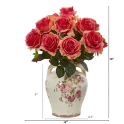 Nearly Natural 16-in Rose Artificial Arrangement In Flower Print Jar -Home Decoration Sale GUEST 134a4fbc 8e6e 4e30 ac56 fbd2384abe5b