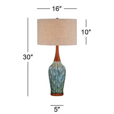 360 Lighting Rocco Modern Mid Century Table Lamp 30" Tall Blue Teal Glaze Ceramic Linen Drum Shade For Bedroom Living Room Bedside Nightstand Office 5 360 Lighting Rocco Modern Mid Century Table Lamp 30" Tall Blue Teal Glaze Ceramic Linen Drum Shade For Bedroom Living Room Bedside Nightstand Office - Image 5