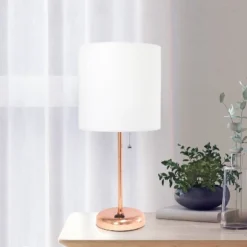 19.5" Bedside Power Outlet Base Metal Table Desk Lamp Rose Gold With White Fabric Shade - Creekwood Home -Home Decoration Sale GUEST 15f31584 f95f 4617 afe9 5a06878a2ffd