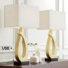 360 Lighting Simone Modern Table Lamps 28" Tall Set Of 2 Gold Metal With USB Charging Port White Rectangular Shade For Bedroom Living Room Nightstand