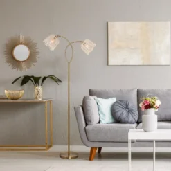 61" Meg Brushed Gold Metal Candlestick Floor Lamp With Rattan Shades - River Of Goods -Home Decoration Sale GUEST 2041662e c751 42f5 bcdd b0a53a40c547