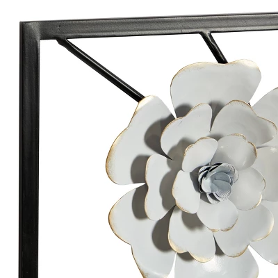 Set Of 2 Metal Floral Wall Decors With Black Frame White - Olivia & May 2 Set Of 2 Metal Floral Wall Decors With Black Frame White - Olivia & May - Image 2