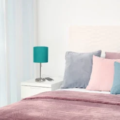 19.5" Bedside USB Port Feature Metal Table Desk Lamp Brushed Steel With Teal Fabric Shade - Creekwood Home -Home Decoration Sale GUEST 3157e3cc d388 4fa4 a041 6538919177d2