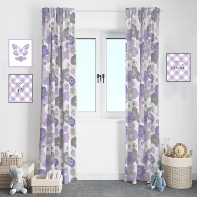 Bacati - Watercolor Floral Purple Gray Cotton Printed Single Window Curtain Panel 1 Bacati - Watercolor Floral Purple Gray Cotton Printed Single Window Curtain Panel