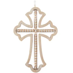 Set Of 3 Wood Biblical Carved Beaded Crosses Wall Decors With Rope Hanger Brown - Olivia & May