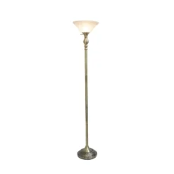 1 Light Torchiere Floor Lamp With Marbleized Glass Shade Antique Brass - Elegant Designs