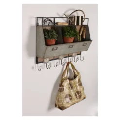 Wall Shelf Tin With 3 Hooks - Gray