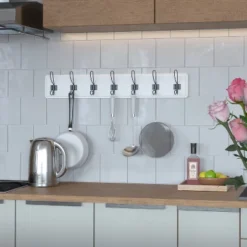 Merrick Lane 34 Inch Wall Mount Solid White Pine Wood Storage Rack With Hanging Hooks, Entryway, Kitchen, Bathroom