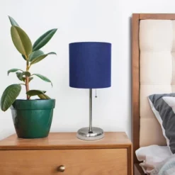 19.5" Bedside USB Port Feature Metal Table Desk Lamp Brushed Steel With Navy Fabric Shade - Creekwood Home -Home Decoration Sale GUEST 55d060df ba89 419d b62f 4fa4181daf16