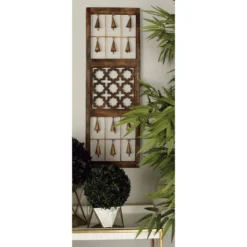 Wood Geometric Intricately Carved Wall Decor With Bells Set Of 3 Brown - Olivia & May