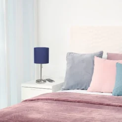 19.5" Bedside USB Port Feature Metal Table Desk Lamp Brushed Steel With Navy Fabric Shade - Creekwood Home -Home Decoration Sale GUEST 5ea89f58 e580 4068 875e fdba0257ea7f