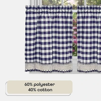 Kate Aurora 2 Piece Country Farmhouse Buffalo Plaid Rod Pocket Cafe Tier Curtain Panels With Macrame Border 1 Kate Aurora 2 Piece Country Farmhouse Buffalo Plaid Rod Pocket Cafe Tier Curtain Panels With Macrame Border
