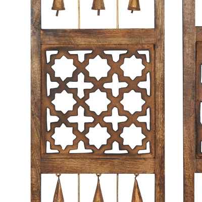 Wood Geometric Intricately Carved Wall Decor With Bells Set Of 3 Brown - Olivia & May 2 Wood Geometric Intricately Carved Wall Decor With Bells Set Of 3 Brown - Olivia & May - Image 2