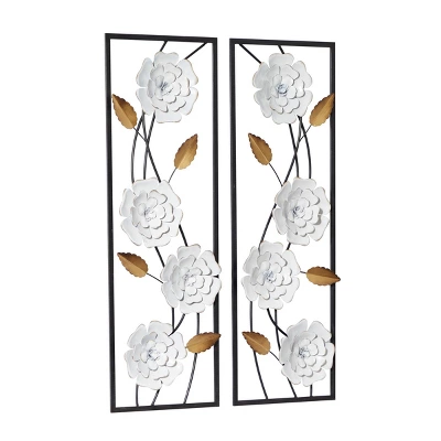 Set Of 2 Metal Floral Wall Decors With Black Frame White - Olivia & May 4 Set Of 2 Metal Floral Wall Decors With Black Frame White - Olivia & May - Image 4