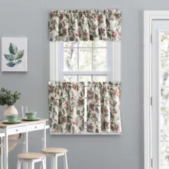 Ellis Curtain Madison Floral Design Printed Natural Ground 1.5" Rod Pocket Tailored Tier Brick