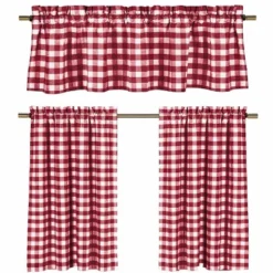 GoodGram Candy Apple Red & White Country Checkered Plaid Kitchen Tier Curtain Valance Set - 58 In. W X 36 In. L