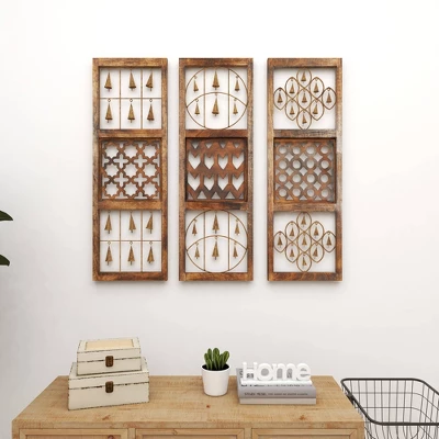 Wood Geometric Intricately Carved Wall Decor With Bells Set Of 3 Brown - Olivia & May 16 Wood Geometric Intricately Carved Wall Decor With Bells Set Of 3 Brown - Olivia & May - Image 16