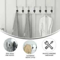 Merrick Lane 34 Inch Wall Mount Solid White Pine Wood Storage Rack With Hanging Hooks, Entryway, Kitchen, Bathroom -Home Decoration Sale GUEST 831f5902 9bb6 4e8e 93d5 5a436adbacea