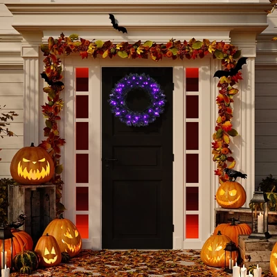Costway 24inch Pre-lit Christmas Halloween Wreath Black W/ 35 Purple LED Lights 2 Costway 24inch Pre-lit Christmas Halloween Wreath Black W/ 35 Purple LED Lights - Image 2