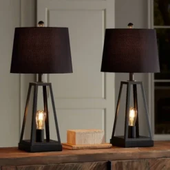 Franklin Iron Works Kacey Industrial Table Lamps 25 1/4" High Set Of 2 Dark Metal With USB LED Nightlight Black Faux Silk Shade For Living Room Desk -Home Decoration Sale GUEST 8fd8cff2 89f5 43d0 b673 9c0a75354ac5