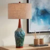 360 Lighting Rocco Modern Mid Century Table Lamp 30" Tall Blue Teal Glaze Ceramic Linen Drum Shade For Bedroom Living Room Bedside Nightstand Office