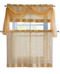 Kate Aurora Complete 4 Piece Linen Leaf Embroidered Complete Kitchen Curtain Set -Home Decoration Sale GUEST a410e61d 984e 40b8 b8d9 9a433e1add73