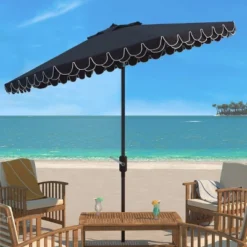 10.8' Round Elegant Valance Umbrella Navy/White - Safavieh