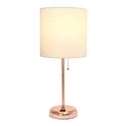 19.5" Bedside Power Outlet Base Metal Table Desk Lamp Rose Gold With White Fabric Shade - Creekwood Home