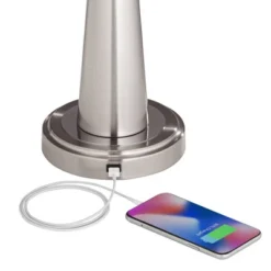 360 Lighting Karla Art Deco Style Table Lamps 25" High Set Of 2 Brushed Nickel With USB Charging Port And Table Top Dimmers White Fabric Drum For Desk -Home Decoration Sale GUEST c260550a 1212 48ce 8e3a 12942738bf95