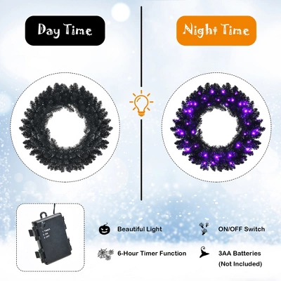 Costway 24inch Pre-lit Christmas Halloween Wreath Black W/ 35 Purple LED Lights 6 Costway 24inch Pre-lit Christmas Halloween Wreath Black W/ 35 Purple LED Lights - Image 6