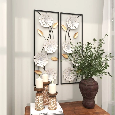 Set Of 2 Metal Floral Wall Decors With Black Frame White - Olivia & May 7 Set Of 2 Metal Floral Wall Decors With Black Frame White - Olivia & May - Image 7