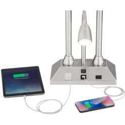 Possini Euro Design Dexter Modern Table Lamp 26" High Brushed Nickel With USB And AC Power Outlet In Base LED Reading Light White Shade For Home Desk -Home Decoration Sale GUEST cb638d63 b1f9 4dfb b56e 82d78a067255