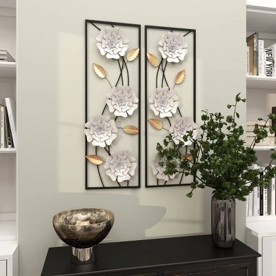 Set Of 2 Metal Floral Wall Decors With Black Frame White - Olivia & May 11 Set Of 2 Metal Floral Wall Decors With Black Frame White - Olivia & May - Image 11