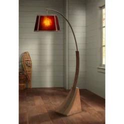 Franklin Iron Works Oak River Rustic Mission Arc Floor Lamp 66 1/2" Tall Dark Rust Wood Amber Mica Drum Shade For Living Room Reading Bedroom Office
