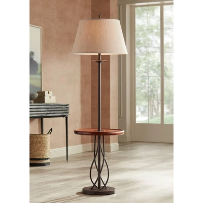 Franklin Iron Works Rustic Floor Lamp With Table 63.5" Tall Wood Twisted Iron Base Linen Empire Shade For Living Room Reading Bedroom 1 Franklin Iron Works Rustic Floor Lamp With Table 63.5" Tall Wood Twisted Iron Base Linen Empire Shade For Living Room Reading Bedroom