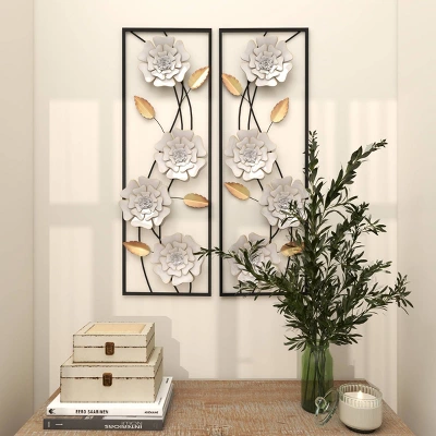 Set Of 2 Metal Floral Wall Decors With Black Frame White - Olivia & May 9 Set Of 2 Metal Floral Wall Decors With Black Frame White - Olivia & May - Image 9