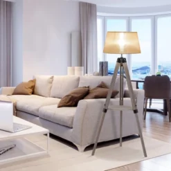 HOMCOM Multifunctional Floor Lamp With Shelf Height Adjustable Standing Lamp, Wood, And Beige