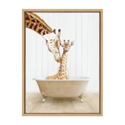 18" X 24" Sylvie Mother Baby Giraffe Tub Framed Canvas By Amy Peterson Natural - Kate & Laurel All Things Decor
